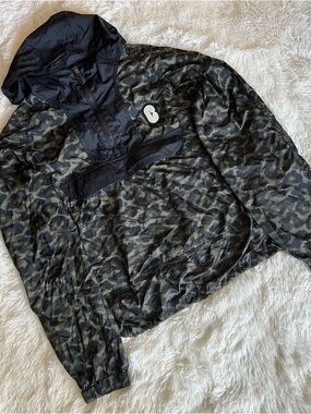 Coach Black Leopard Print Hooded Quarter Zip Anorak Jacket